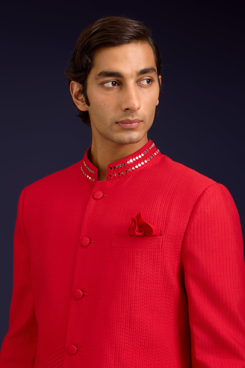 Red Cotton Silk Sherwani Set