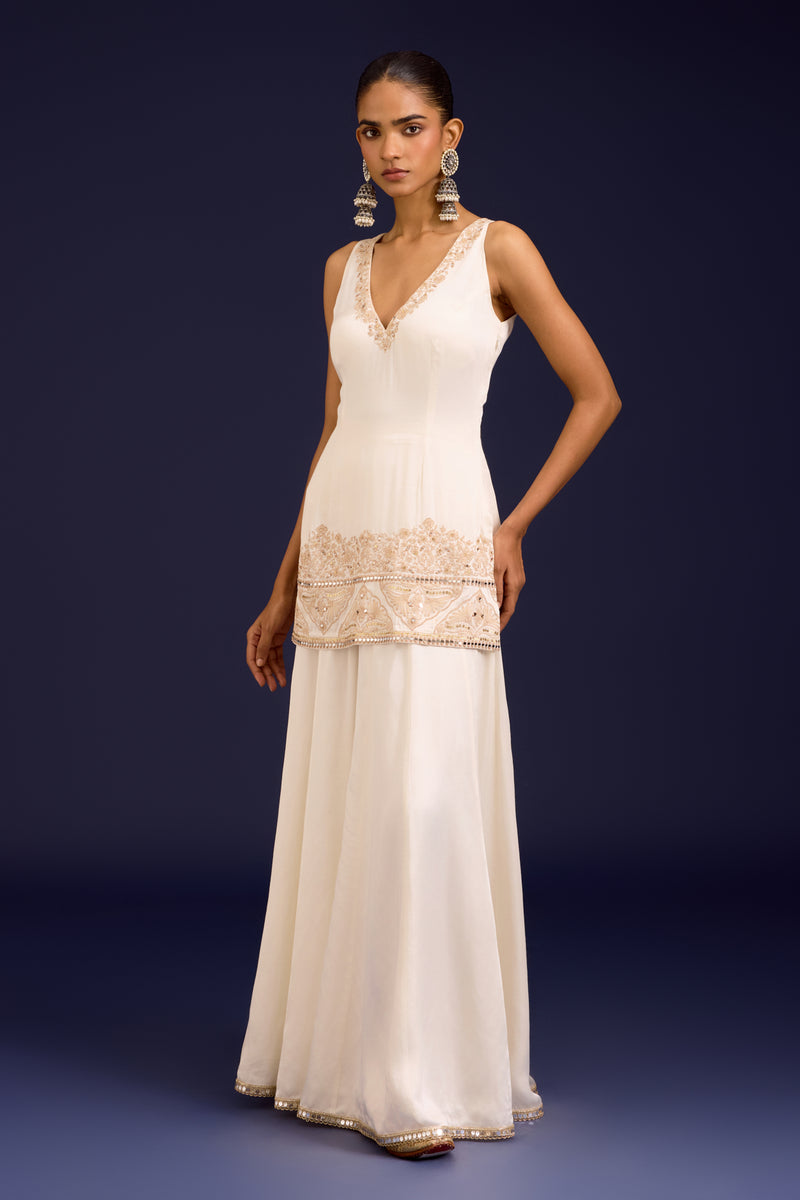 Ivory Embroidered Modal satin Sharara Set