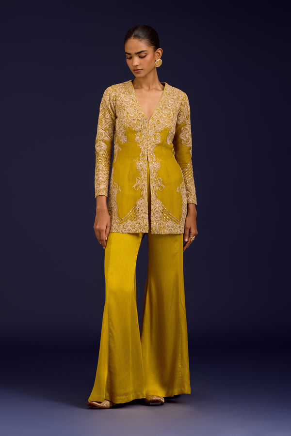 Mustard Organza Modal Satin Embroidered Sharara Set