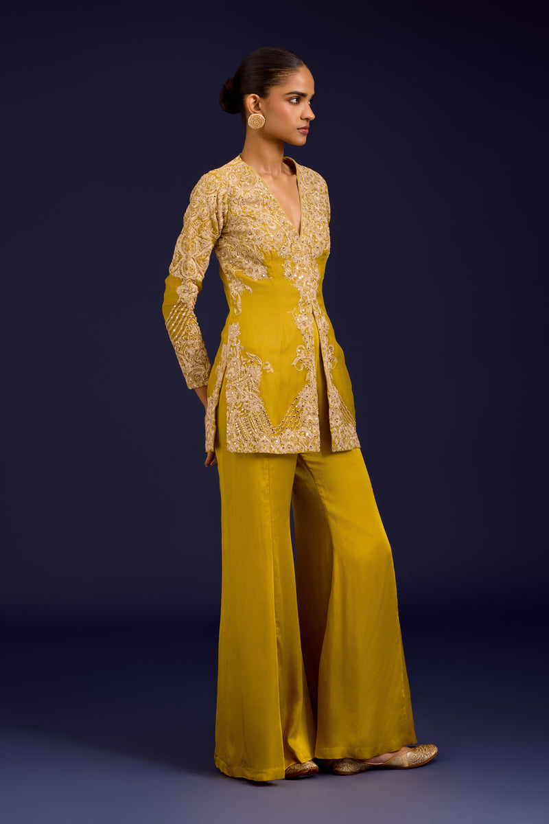 Mustard Organza Modal Satin Embroidered Sharara Set