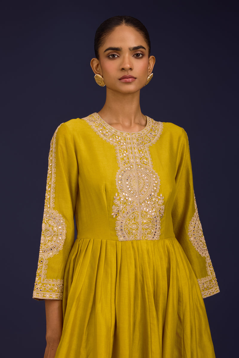 Mustard Silk Chanderi Embroidered Anarkali Set