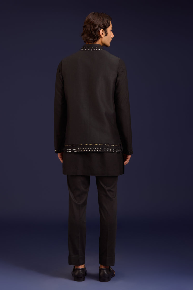 Black Linen Satin and Cotton Silk Blend Bundi Set