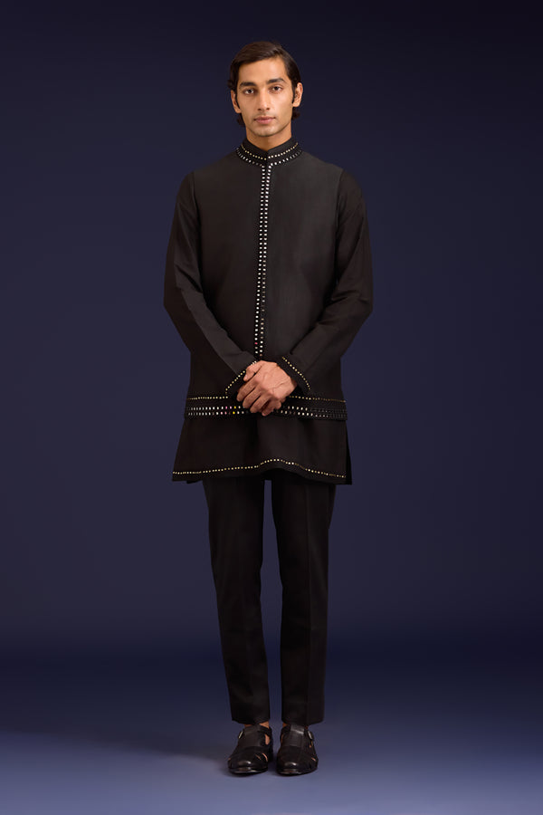 Black Linen Satin and Cotton Silk Blend Bundi Set