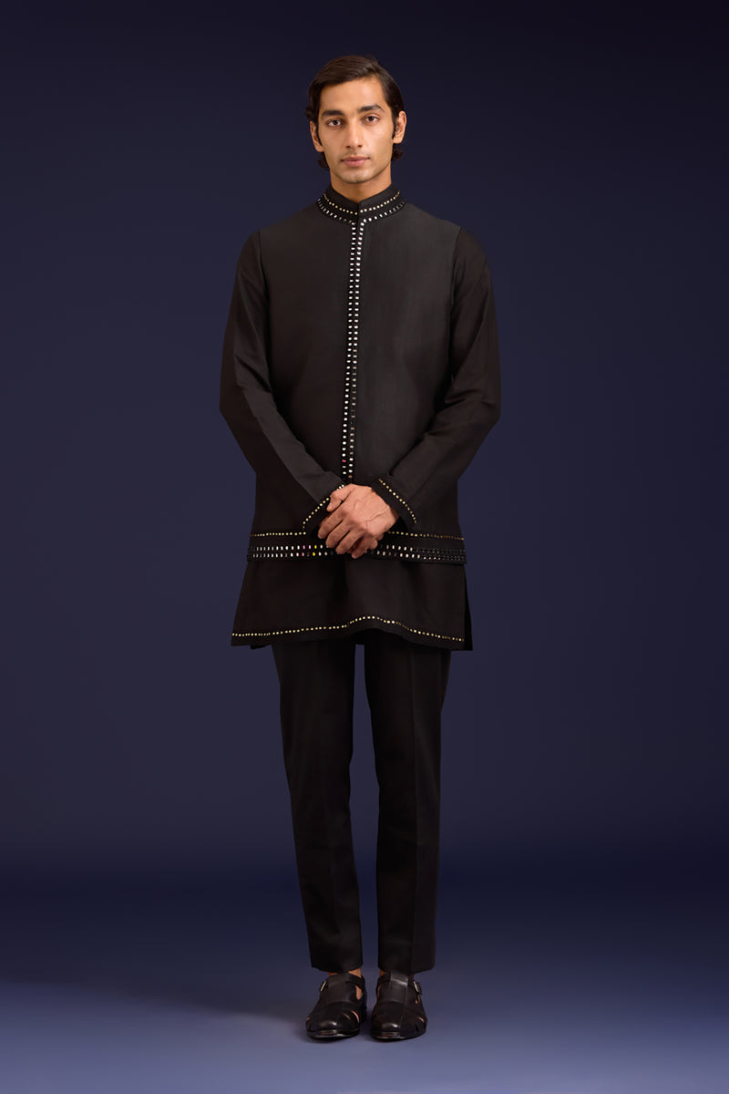 Black Linen Satin and Cotton Silk Blend Bundi Set