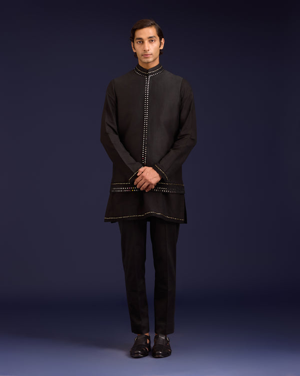 Black Linen Satin and Cotton Silk Blend Bundi Set