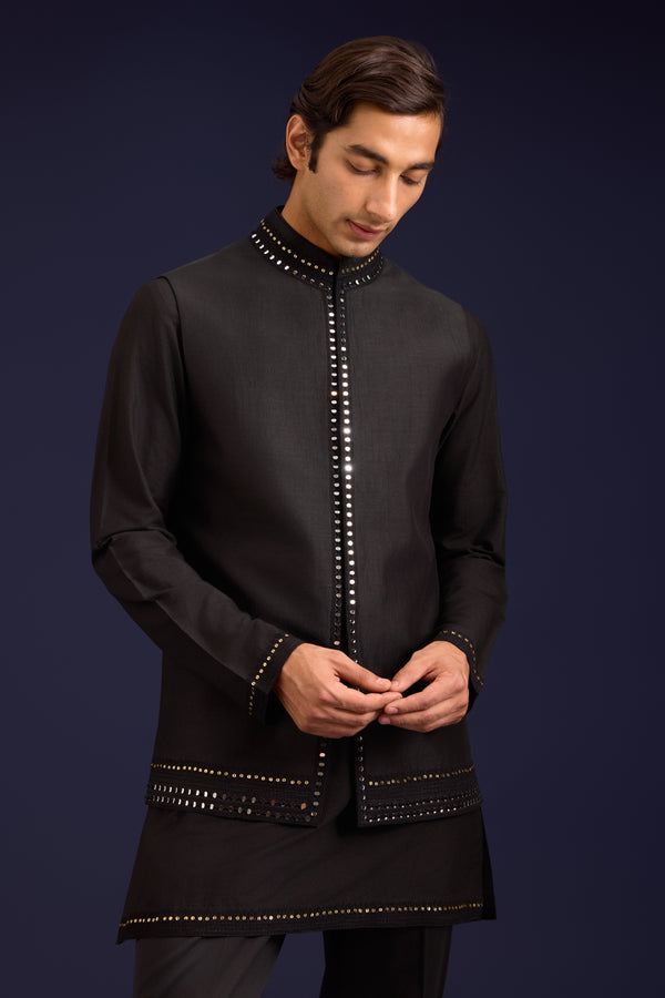 Black Linen Satin and Cotton Silk Blend Bundi Set