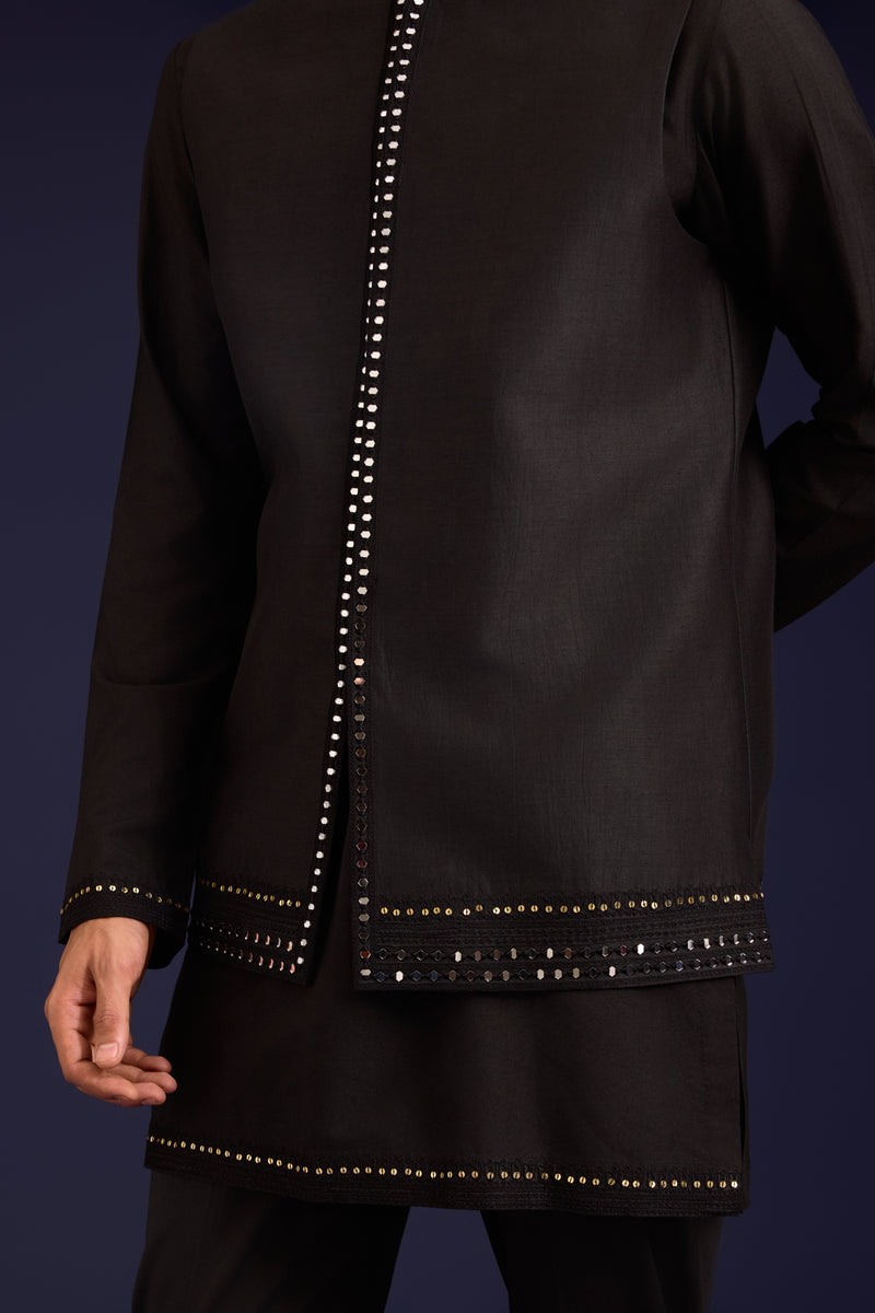 Black Linen Satin and Cotton Silk Blend Bundi Set