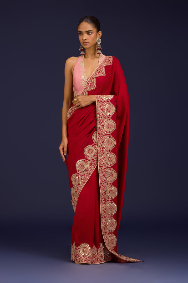 Red Embroidered Chinniya Silk Saree Set