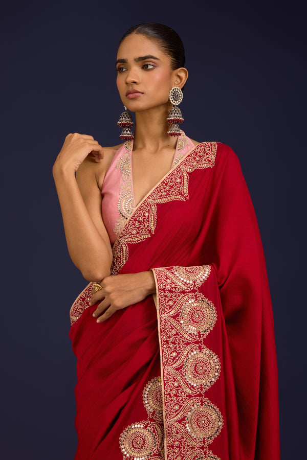 Red Embroidered Chinniya Silk Saree Set