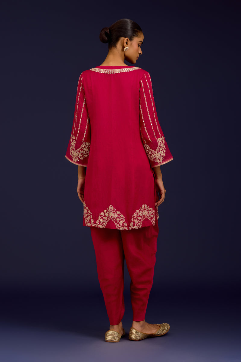 Fuchsia Cotton Silk Satin Embroidered Kurta Set