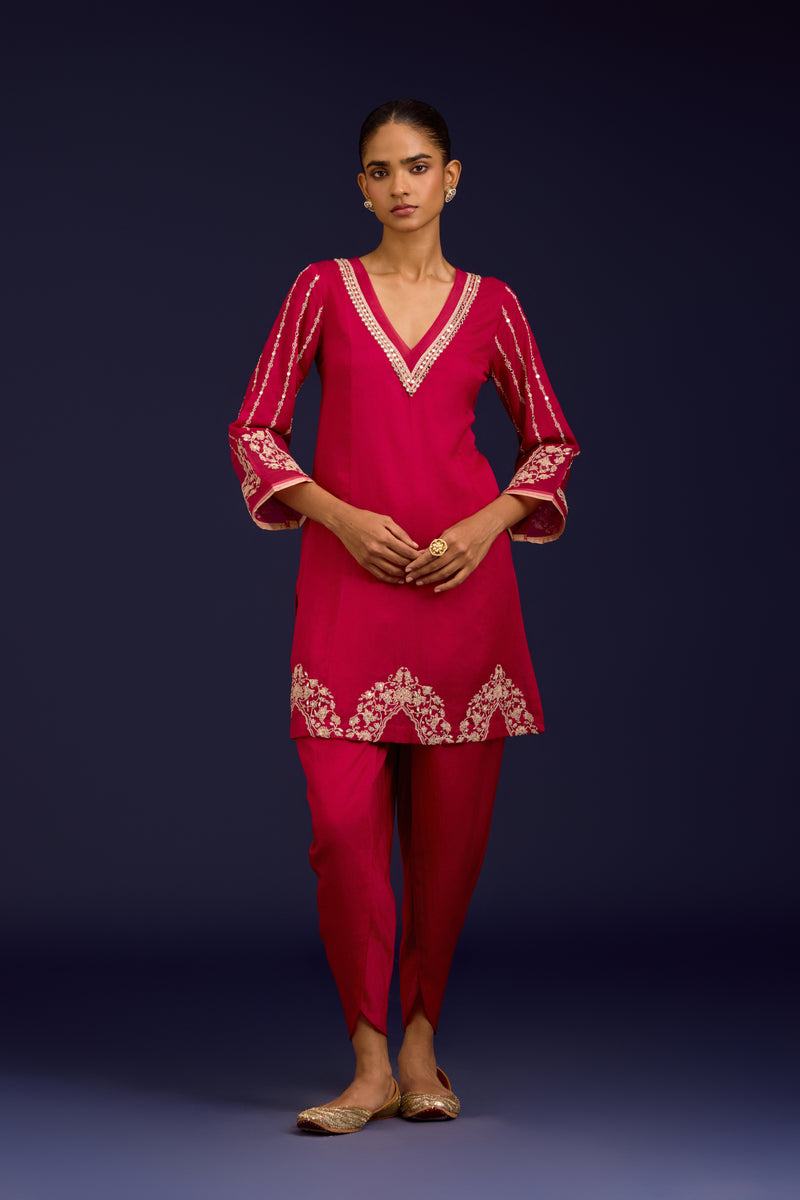 Fuchsia Cotton Silk Satin Embroidered Kurta Set