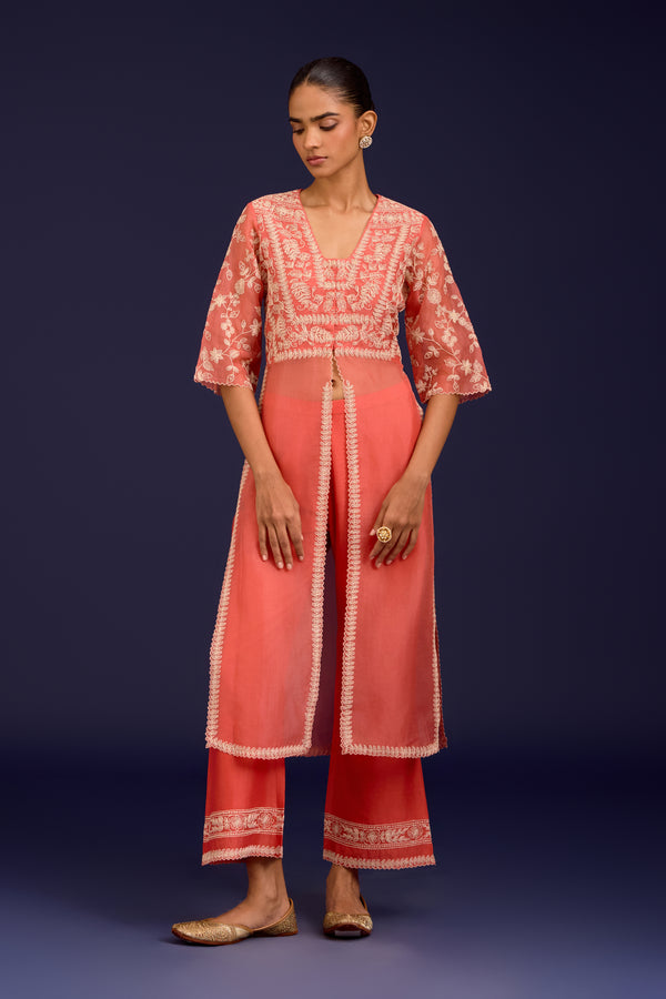 Peach Slit Silk Organza Kurta Set