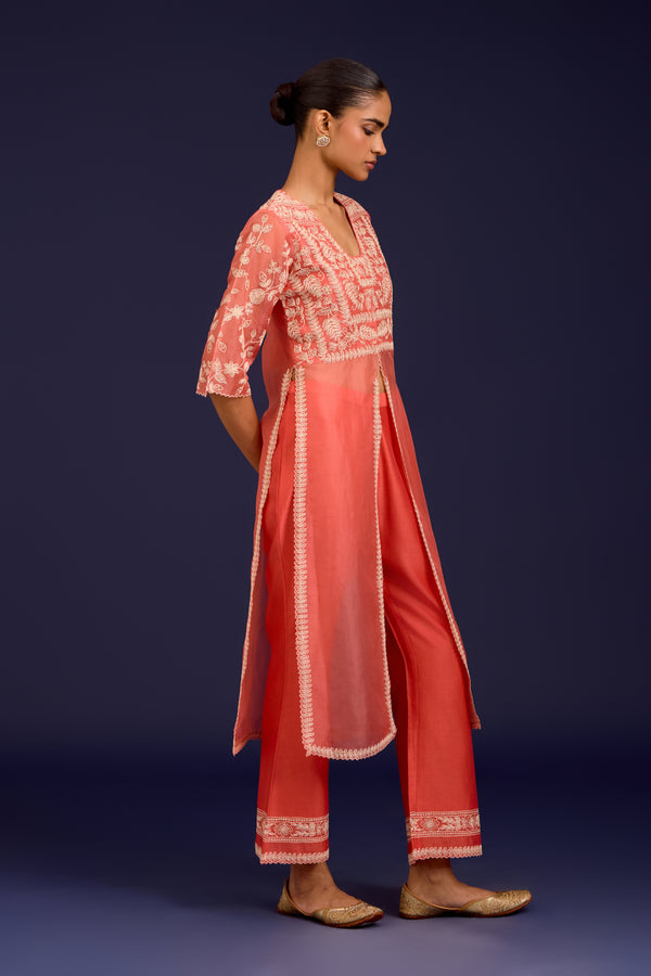 Peach Slit Silk Organza Kurta Set