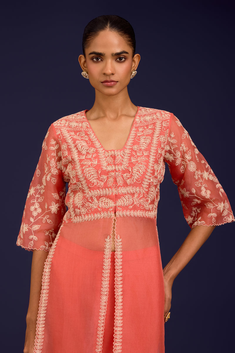Peach Slit Silk Organza Kurta Set
