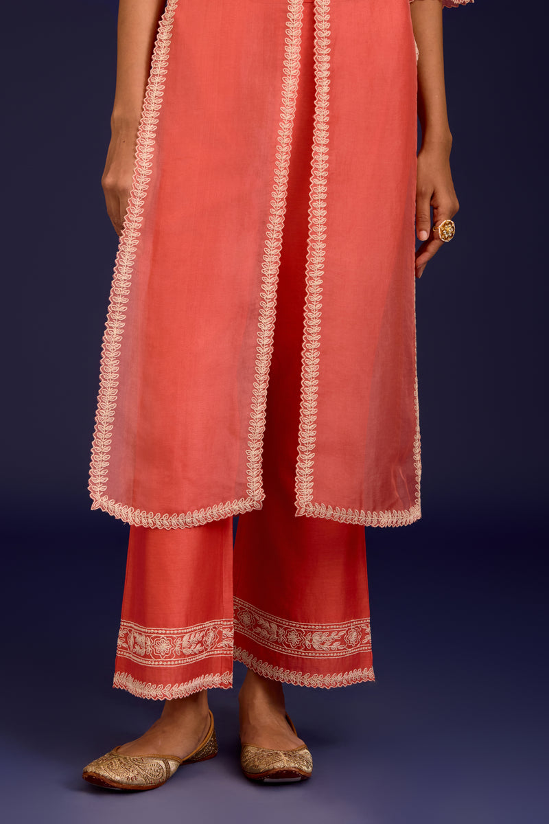 Peach Slit Silk Organza Kurta Set