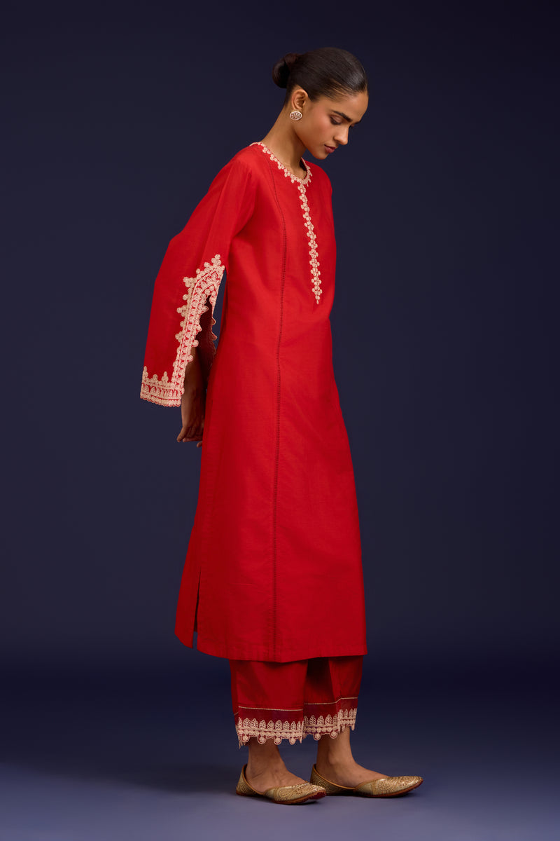 Red embroidered kurta set
