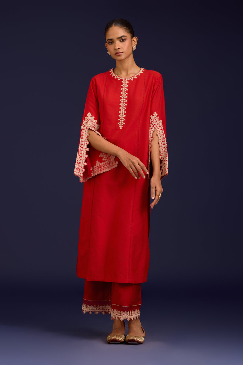 Red embroidered kurta set