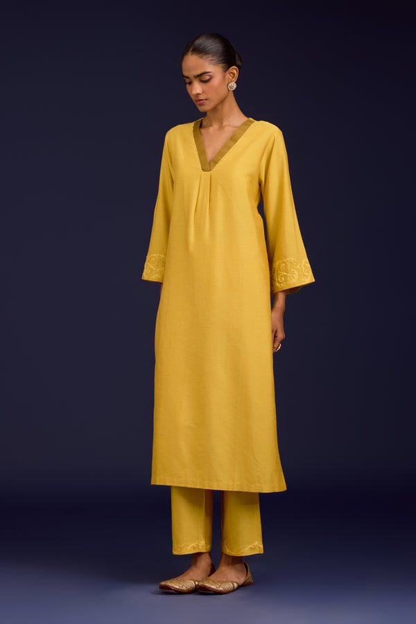 Mustard Cotton Silk Blend Dori Embroidered Kurta Set