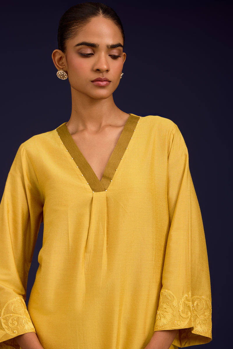Mustard Cotton Silk Blend Dori Embroidered Kurta Set