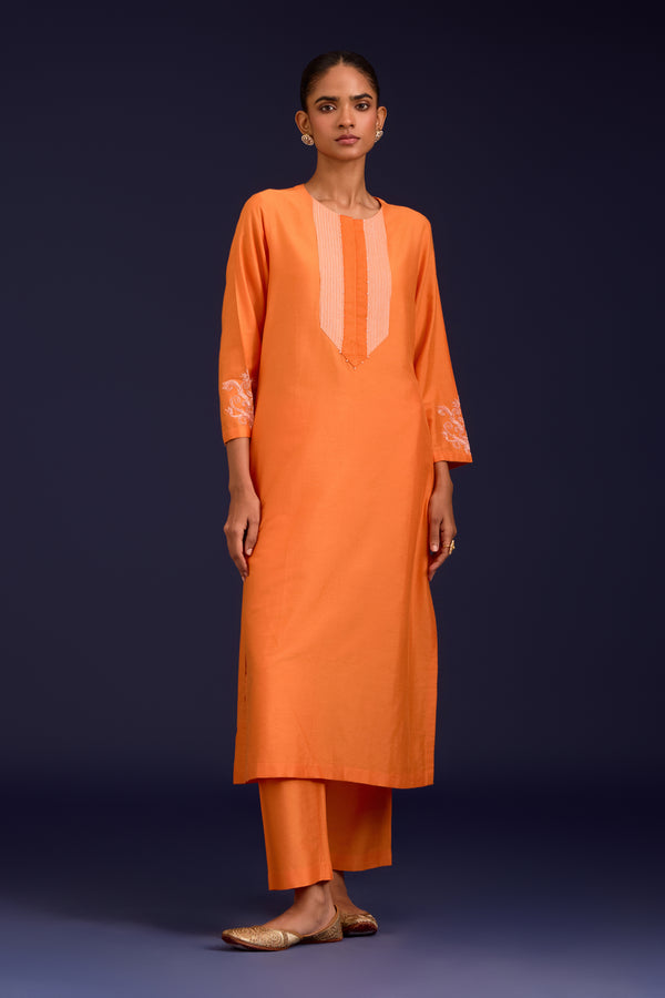 Orange Cotton Silk Blend Dori Embroidered Kurta Set