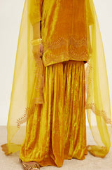Pooja Hegde in Mustard Zari Embroidered Velvet Sharara Set