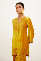 Pooja Hegde in Mustard Zari Embroidered Velvet Sharara Set
