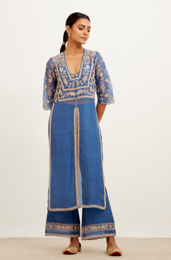 Blue Slit Silk Organza Kurta Set (RTS)