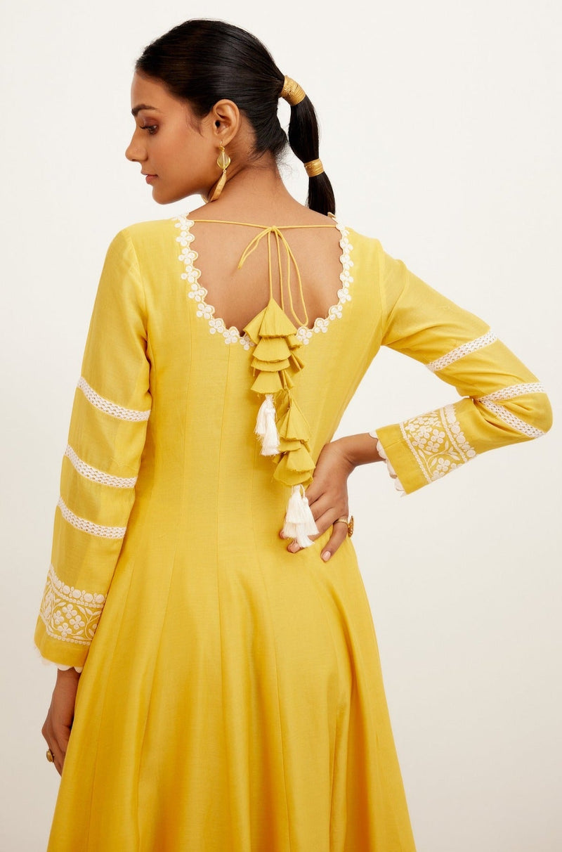 Pooja Hegde in Yellow Chanderi Anarkali Set