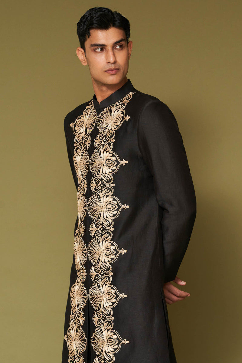 Black and Beige Dori Embroidered Linen Satin Sherwani Set