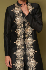 Black and Beige Dori Embroidered Linen Satin Sherwani Set