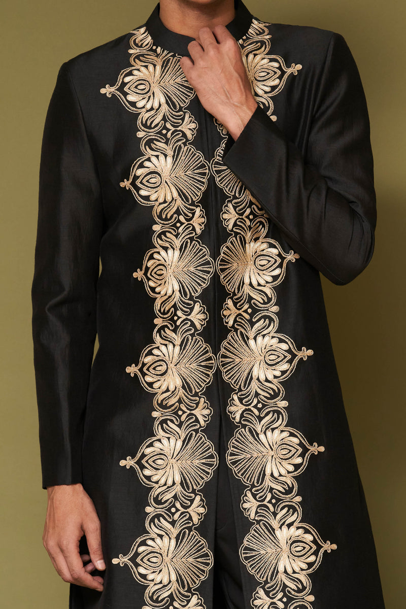 Black and Beige Dori Embroidered Linen Satin Sherwani Set