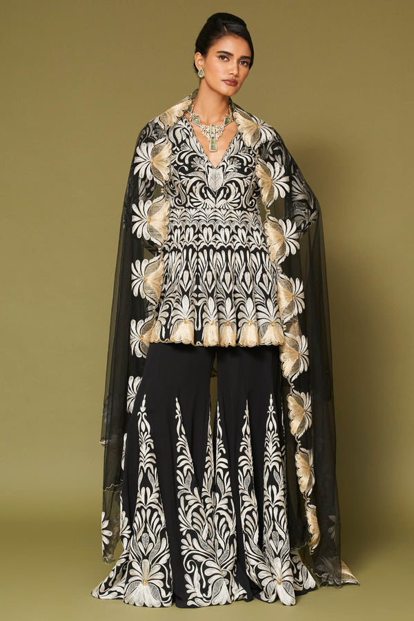 Black Embroidered Georgette Sharara Set