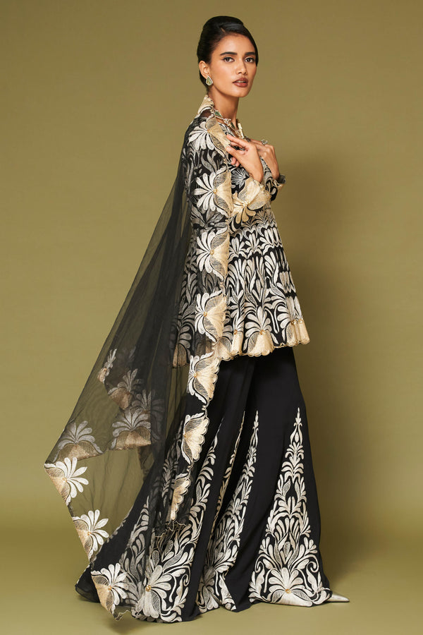 Black Embroidered Georgette Sharara Set