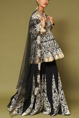 Black Embroidered Georgette Sharara Set