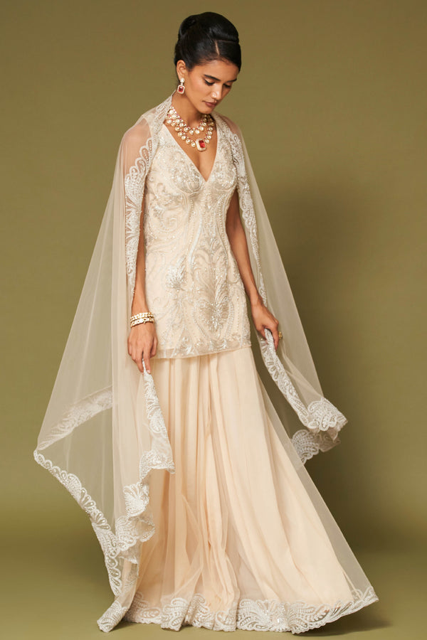 Almond Embroidered Net Sharara Set