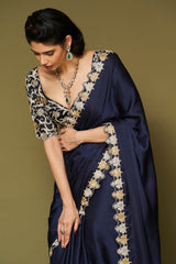 Midnight Navy Embroidered Modal Satin Saree Set