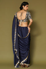 Midnight Navy Embroidered Modal Satin Saree Set