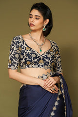 Midnight Navy Embroidered Modal Satin Saree Set
