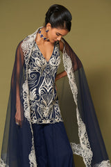 Midnight Navy Embroidered Net Sharara Set