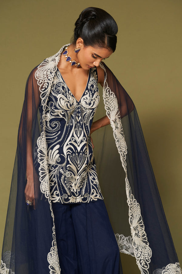 Midnight Navy Embroidered Net Sharara Set