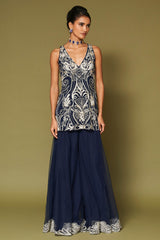 Midnight Navy Embroidered Net Sharara Set