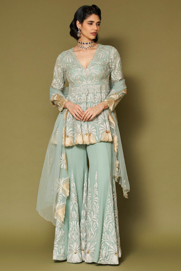 Aqua Embroidered Georgette Sharara Set