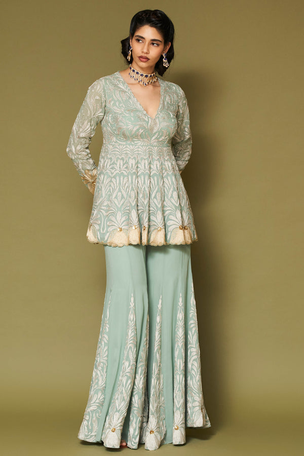 Aqua Embroidered Georgette Sharara Set