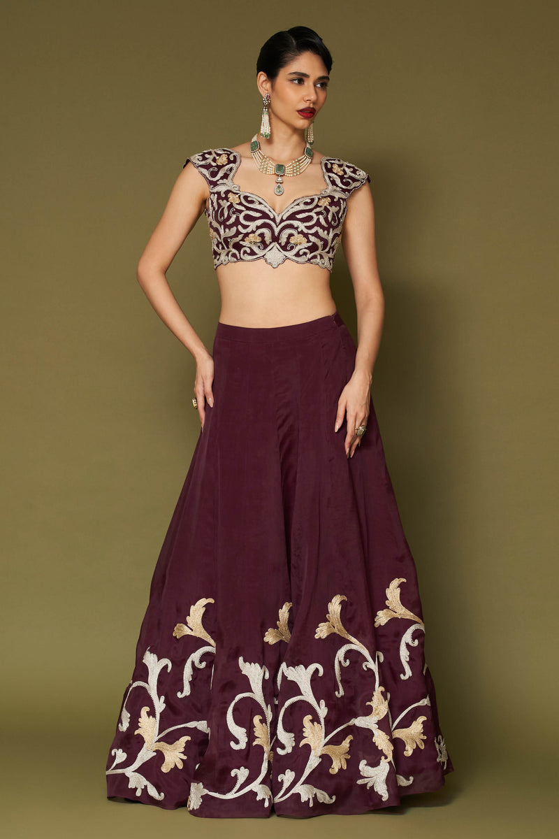 Wine Embroidered Silk Organza Lehenga Set