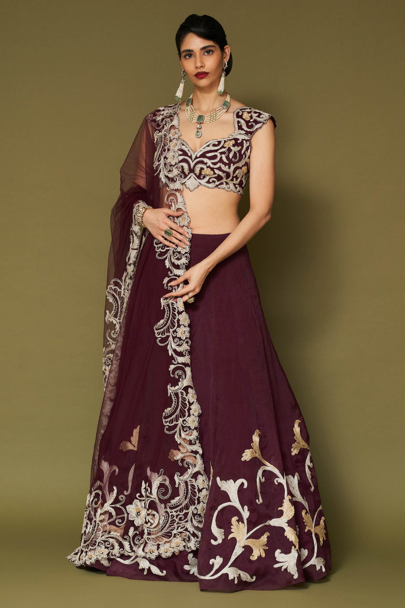 Wine Embroidered Silk Organza Lehenga Set