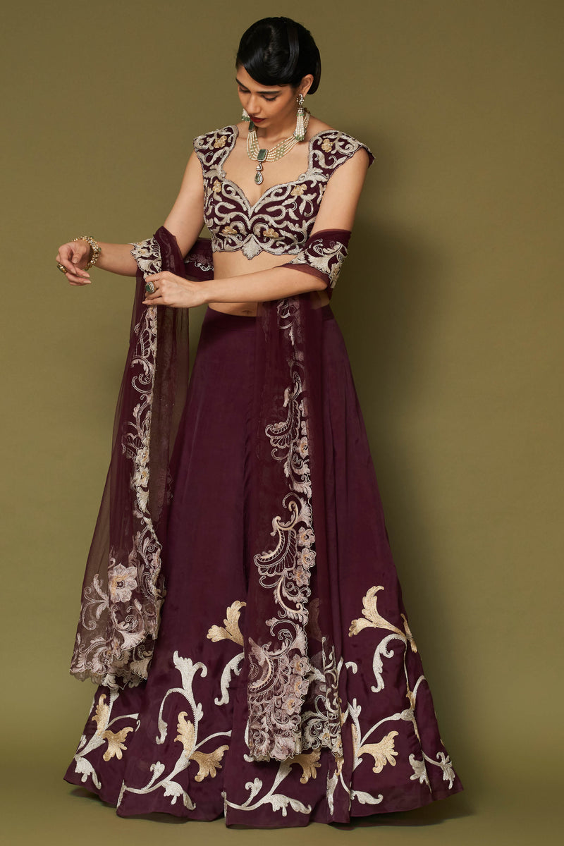 Wine Embroidered Silk Organza Lehenga Set