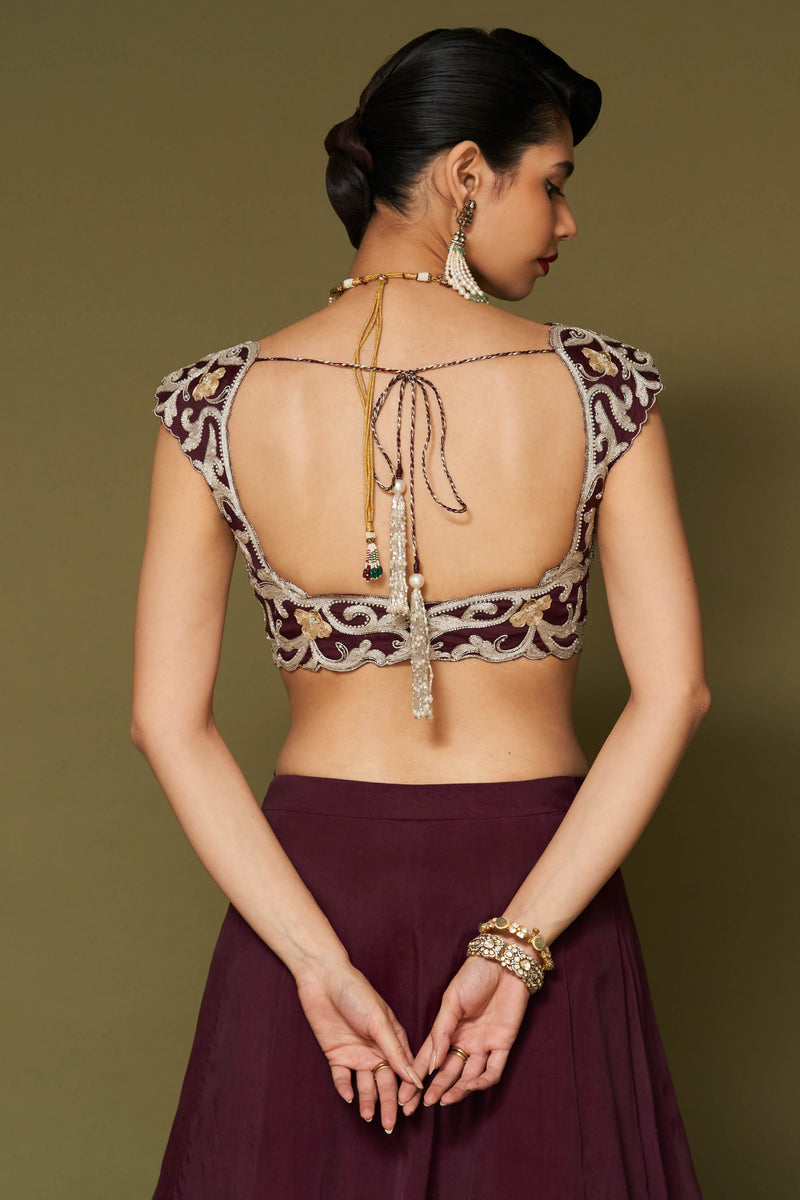 Wine Embroidered Silk Organza Lehenga Set