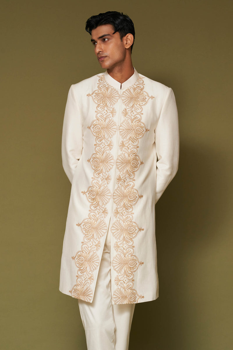 Ivory and Beige Dori Embroidered Linen Satin Sherwani Set