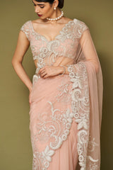 Blush Pink Embroidered Net Saree Set