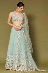 Aqua Embroidered Net Lehenga Set